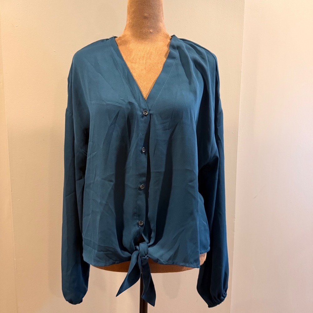 Pink Rose Button Down Women XL Teal Tie Front V-Neck Long Sleeve Blouse Sheer